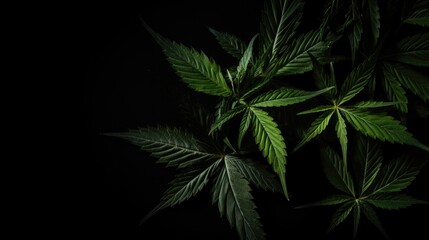Fototapeta na wymiar Cannabis Sativa Leaves On Dark - Medical Legal Marijuana, generative ai