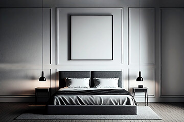 Modern minimalist white bedroom as interior design concept illustration with white empty picture frame mock-up for poster design (Generative AI)