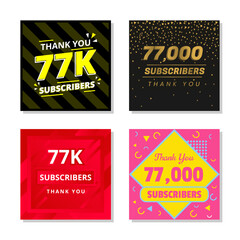 Thank you 77k subscribers set template vector. 77000 subscribers. 77k subscribers colorful design vector. thank you seventy seven thousand subscribers