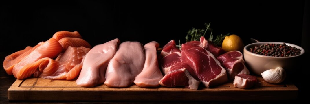 From above fresh raw fillet of beef and pork with chicken and fish pieces on wooden cutting board as composition of protein rich food against black background, generative ai