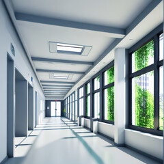 clinic hallway interior, hospital corridor with big windows
