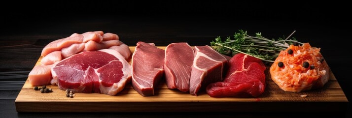 From above fresh raw fillet of beef and pork with chicken and fish pieces on wooden cutting board as composition of protein rich food against black background, generative ai