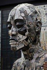 Obraz na płótnie Canvas Black man, with african masks, made from squares, circles, letters, poka dots, lines, and african patterns, urban architecture, generative ai