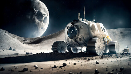 Astronaut and huge futuristic vehicle explore on an alien planet with space background. Generative AI