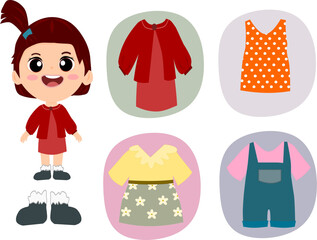 Flat isolated kid girl fashion icon set with stylish little girl and her different clothes vector illustration