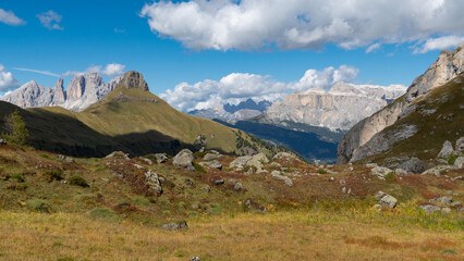 Fototapeta premium Almwiesen vor der Sellagruppe in den Dolomiten (Italien)