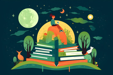 Girl reading a book on a stack of books. Happy World Book Day illustration. Generative AI.