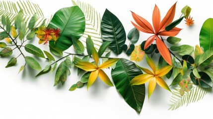 natural rainforest leaves with flowers on white background. generative ai