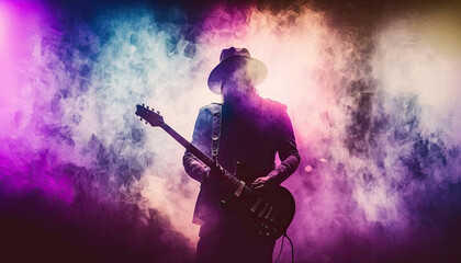 Obraz premium Guitarist Shines on Stage with Colorful Gradient Backdrop Created Using Generative Ai