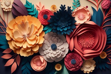 Layered paper flowers background in vivid colors, Generative AI