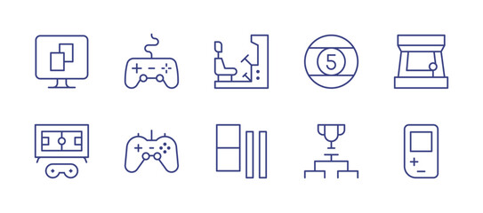 Gaming line icon set. Editable stroke. Vector illustration. Containing online game, gamepad, racing, billiard ball, arcade game, soccer, play station, domino, tournament, videogame.