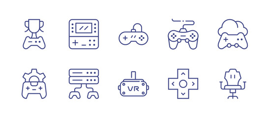 Gaming line icon set. Editable stroke. Vector illustration. Containing winner, game console, gamepad, game, cloud, gaming, server, vr glasses, controller, gaming chair.