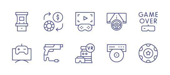 Gaming line icon set. Editable stroke. Vector illustration. Containing arcade, money, trailer, race, game over, gaming, gun, poker chip.