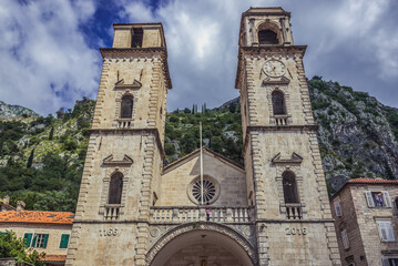 Towers of St Tryphon Cathedral, Old Town of Kotor town in Montenegro