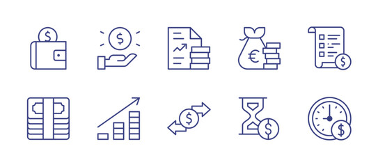 Money line icon set. Editable stroke. Vector illustration. Containing earnings, money, report, price list, transaction, time is money.