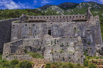 Ruins of St Cross Fortress on the mount above Perast town, Kotor Bay, Montenegro