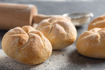 Set mini bun bread close-up with copy space. Fresh home baking concept