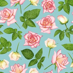 LIGHT BLUE SEAMLESS BACKGROUND WITH BLOOMING DIGITAL WATERCOLOR ROSES