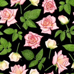 BLACK SEAMLESS BACKGROUND WITH BLOOMING DIGITAL WATERCOLOR ROSES