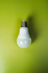 White light bulb on a green background. Environmental protection, renewable, sustainable energy sources. Light bulb and sheets on a green background. Green energy concept.