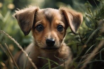 Naturalistic portrait of a tiny puppy in the grass. Generative AI