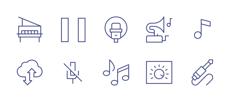 Multimedia line icon set. Editable stroke. Vector illustration. Containing piano, button pause, microphone, gramophone, music note, cloud storage, no microphone, musical note, control, jack.