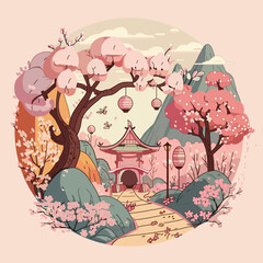 Landscape with pink cherry blossoms and pagoda in Japanese garden. Fujiyama and pink lanterns, sakura festival. The Hanami Festival is a national Japanese tradition. © Yuliya