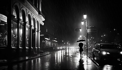 Fototapeta premium A brightly lit city street in the rain with black and white prefect for photograph project