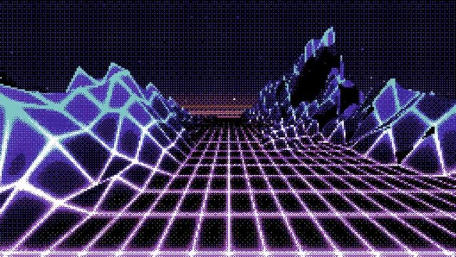 Abstract dithered 80s retro background gaming and vj loop animation with "You WIn" text. Retrowave horizon landscape with neon lights and low poly shaded terrain.