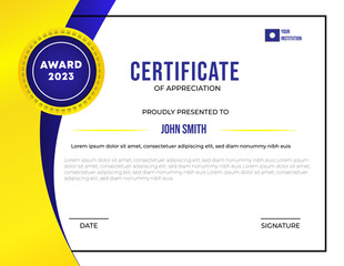 Certificate of appreciation template, gold and blue color. Clean modern certificate with gold badge. Certificate border template with luxury and modern line pattern. Diploma vector template