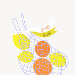 Shop local. Shopping mesh bag with fruits  on a grey background.