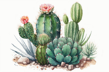 Set of watercolor green cacti, succulents on white background, hand drawing. Cactus, desert plants, art illustration. Image is AI generated.