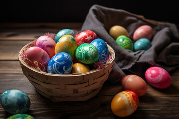 Fototapeta na wymiar Colorful Easter eggs in wicker basket on dark brown wooden table, paschal postcard, rustic style, decorations, holiday background. Image is AI generated.