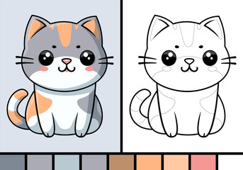Cute cat cartoon illustration in coloring page style baby pet animal