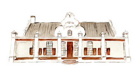 Watercolour illustration of a cape dutch manor house in South Africa
