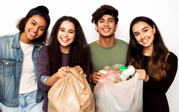 Group  of friends collecting Garbage and Plastic Trash.  Laughing, smiling and happy. Concept of recycling cleaning up the planet Isolated on white. Illustrative Generative AI.