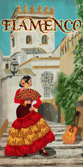 Flamenco dancer woman in spanish city, vector illustration