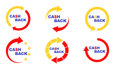 Set of colored cash back with arrows vector icons. Symbol return or refund money. Emblem or tag.