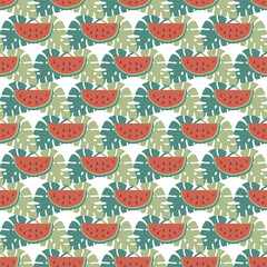 Watermelon seamless pattern. Summer time vacation background. Cute hand drawn vector illustration with watermelon and monstera palm leaves