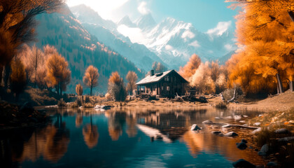 Fototapeta premium Autumnal landscape with old house in beautiful forest with a lake and mountains .AI generated.