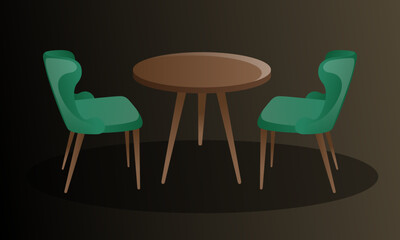 Modern round table and chairs for cafes. Cartoon vector illustration on the dark background.