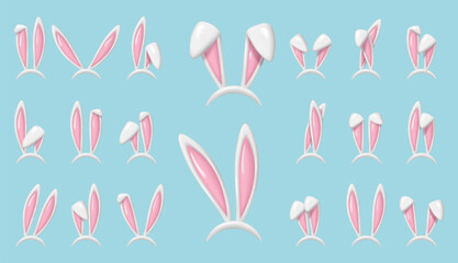 3d Easter bunny ears set isolated. Realistic white hare ears collection. Plastic funny cartoon rabbit ears band