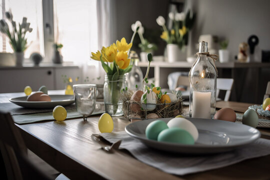 Breakfast Table With Easter Holiday Setting With Natural Sunlight