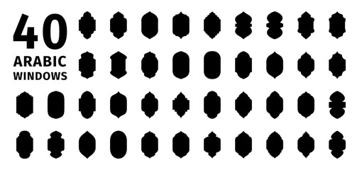 40 vintage arabic windows. Collection of oriental style islamic windows and arches. Brochure, book or greeting card cover backdrop template.