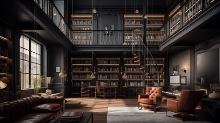 Interior of panorama bookshelf. Many old books in a book shop or library - Generative AI technology - 582705626