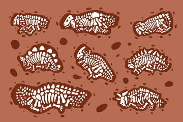 Set of dinosaur fossils bones. Triceratops, Tyrannosaurus, Kentrosaurus, Brahiosaurus, Velociraptor, Stegosaurus, Parasaurolophus. Dinosaur bones. © Lifeking