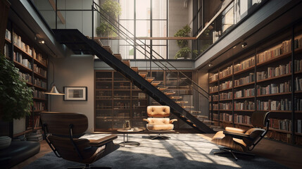 Interior of panorama bookshelf. Many old books in a book shop or library - Generative AI technology - 582705639