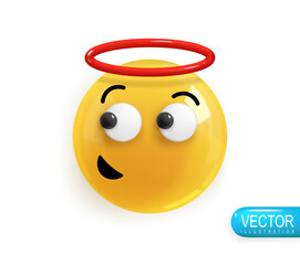 Emoji face of an angel who did something. Emotion Realistic 3d Render. Icon Smile Emoji. Vector yellow glossy emoticons.
