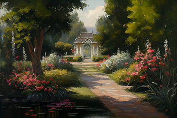 Obraz premium Peace and harmony of nature, Beautiful gazebo for two lovers. AI Generated