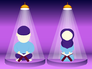 vector moslem people boy and girl reading holy quran illustration on stage 